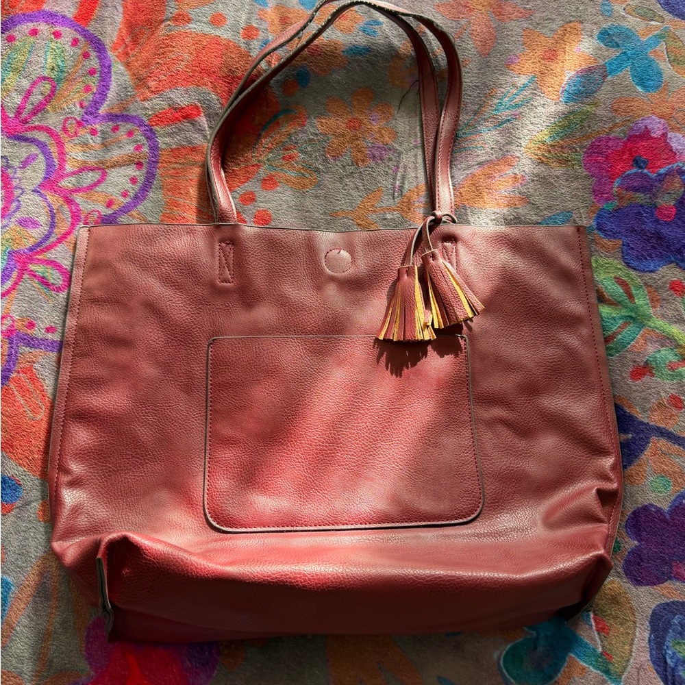 Red Faux Leather Tote Bag